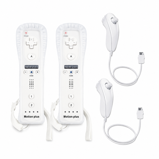 2X WII BUILT IN MOTION PLUS REMOTE CONTROLLER AND NUNCHUCK + SILICON +HAND STRIP