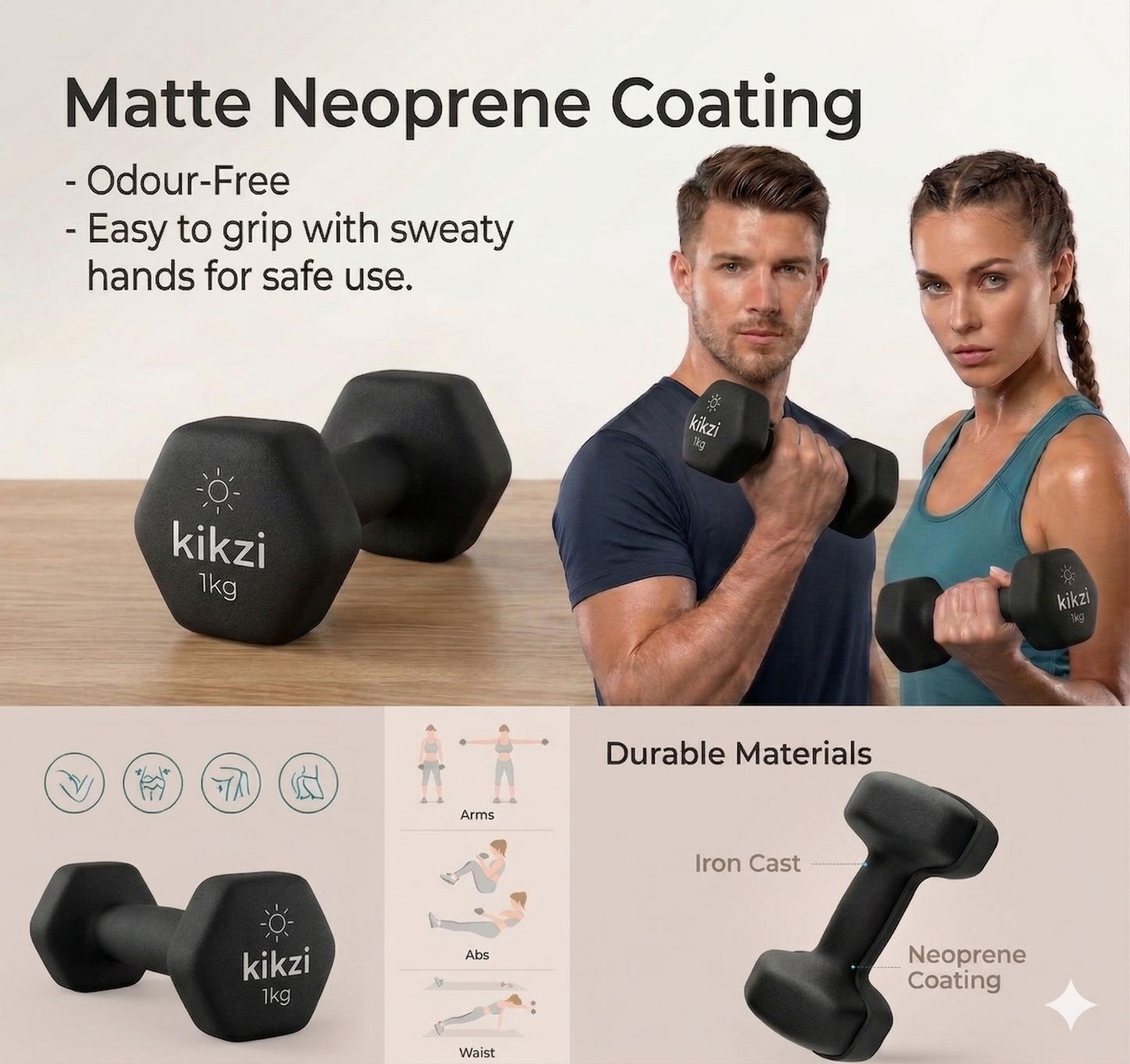 Premium Neoprene Dumbbell Pair - Cast Iron Core, Odor-Free & Non-Slip Grip. Hex Anti-Roll Hand Weights for Exercise, Workouts, Home Gym, Yoga & Pilates (1kg to 10kg)