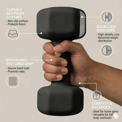 Premium Neoprene Dumbbell Pair - Cast Iron Core, Odor-Free & Non-Slip Grip. Hex Anti-Roll Hand Weights for Exercise, Workouts, Home Gym, Yoga & Pilates (1kg to 10kg)