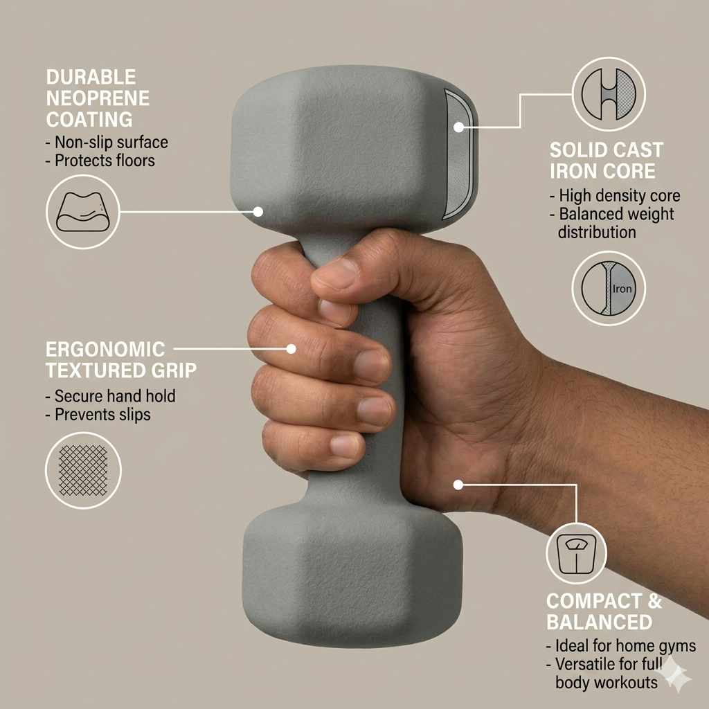 Premium Neoprene Dumbbell Pair - Cast Iron Core, Odor-Free & Non-Slip Grip. Hex Anti-Roll Hand Weights for Exercise, Workouts, Home Gym, Yoga & Pilates (1kg to 10kg)