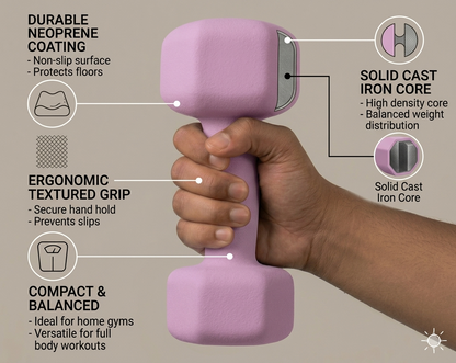Premium Neoprene Dumbbell Pair - Cast Iron Core, Odor-Free & Non-Slip Grip. Hex Anti-Roll Hand Weights for Exercise, Workouts, Home Gym, Yoga & Pilates (1kg to 10kg)