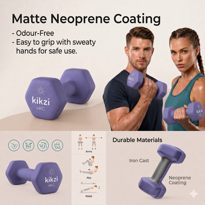 Premium Neoprene Dumbbell Pair - Cast Iron Core, Odor-Free & Non-Slip Grip. Hex Anti-Roll Hand Weights for Exercise, Workouts, Home Gym, Yoga & Pilates (1kg to 10kg)
