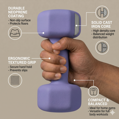 Premium Neoprene Dumbbell Pair - Cast Iron Core, Odor-Free & Non-Slip Grip. Hex Anti-Roll Hand Weights for Exercise, Workouts, Home Gym, Yoga & Pilates (1kg to 10kg)