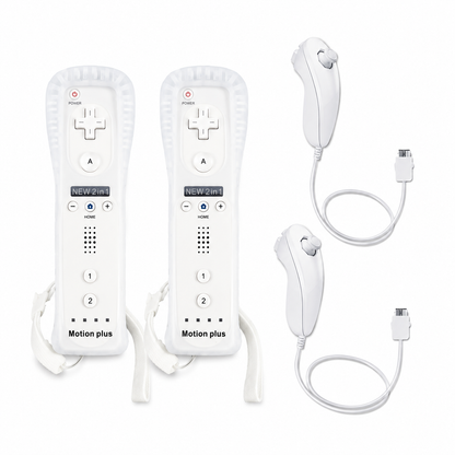2X WII BUILT IN MOTION PLUS REMOTE CONTROLLER AND NUNCHUCK + SILICON +HAND STRIP
