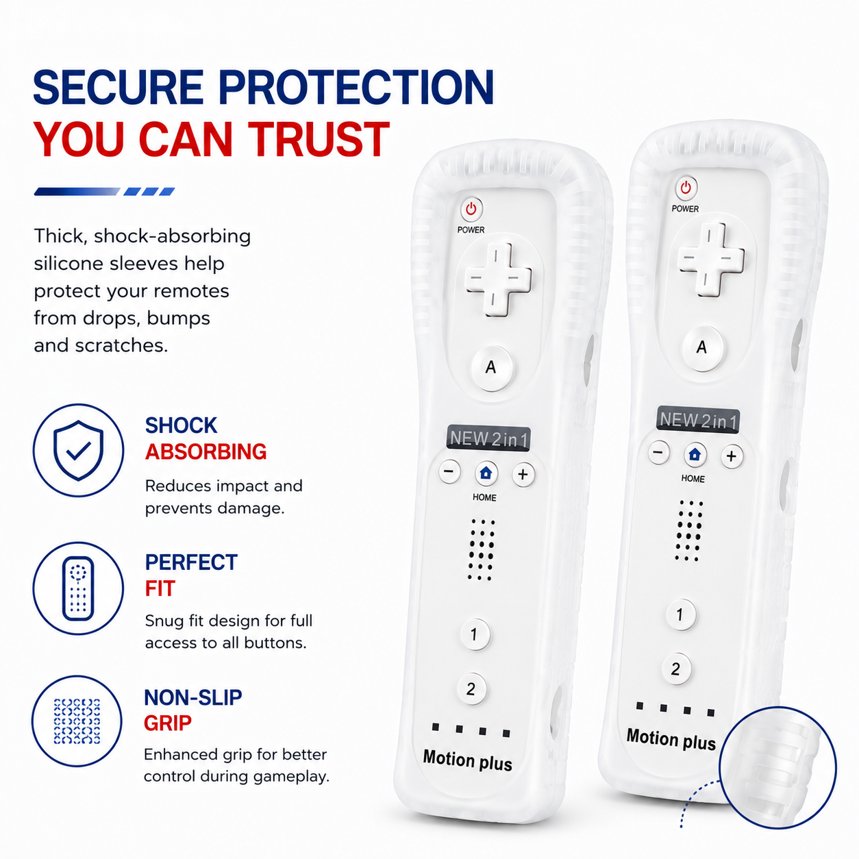 2X WII BUILT IN MOTION PLUS REMOTE CONTROLLER AND NUNCHUCK + SILICON +HAND STRIP