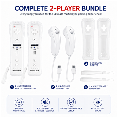 2X WII BUILT IN MOTION PLUS REMOTE CONTROLLER AND NUNCHUCK + SILICON +HAND STRIP