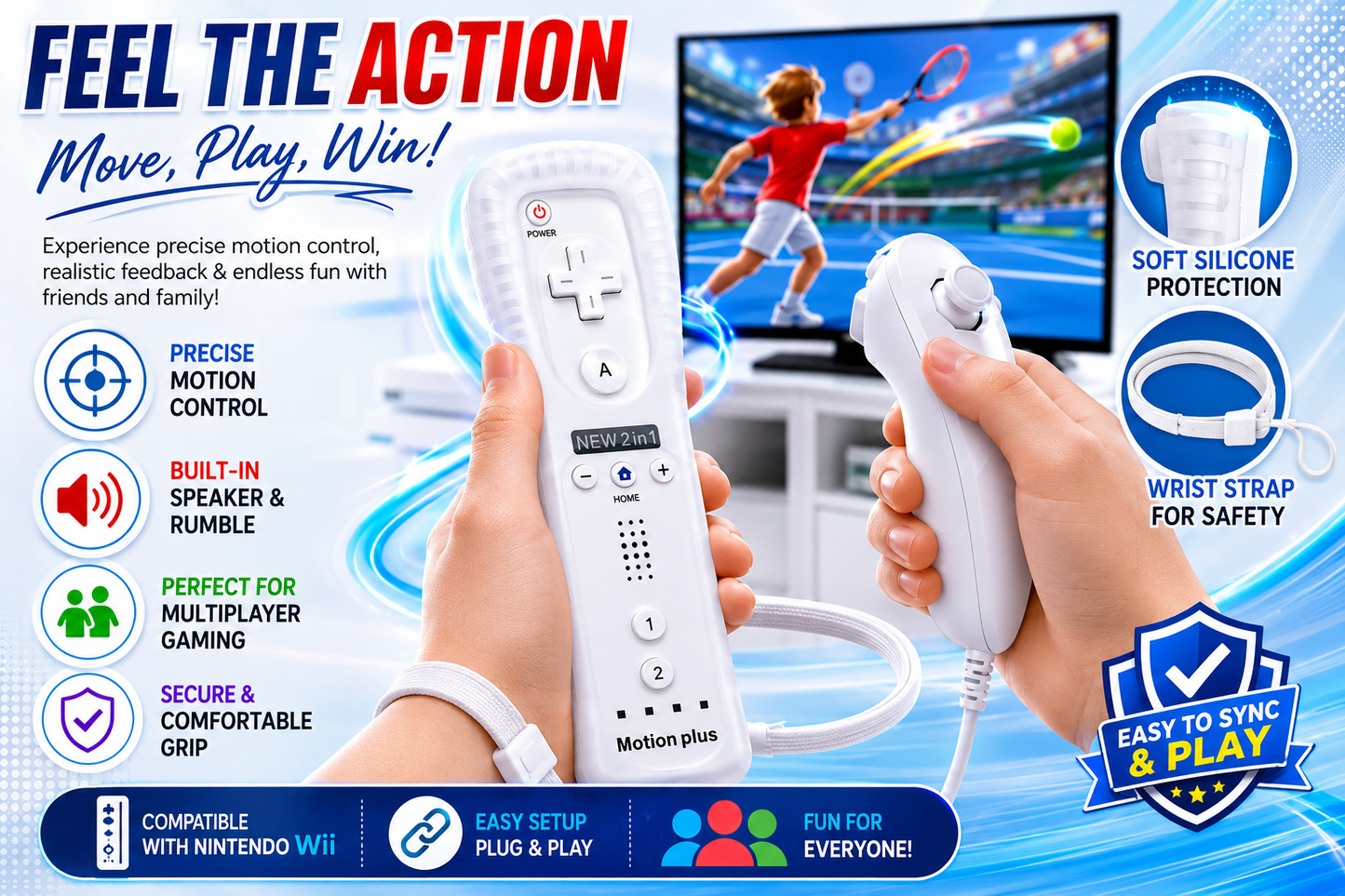 2X WII BUILT IN MOTION PLUS REMOTE CONTROLLER AND NUNCHUCK + SILICON +HAND STRIP