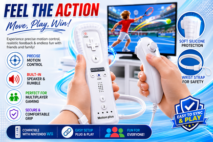 2X WII BUILT IN MOTION PLUS REMOTE CONTROLLER AND NUNCHUCK + SILICON +HAND STRIP