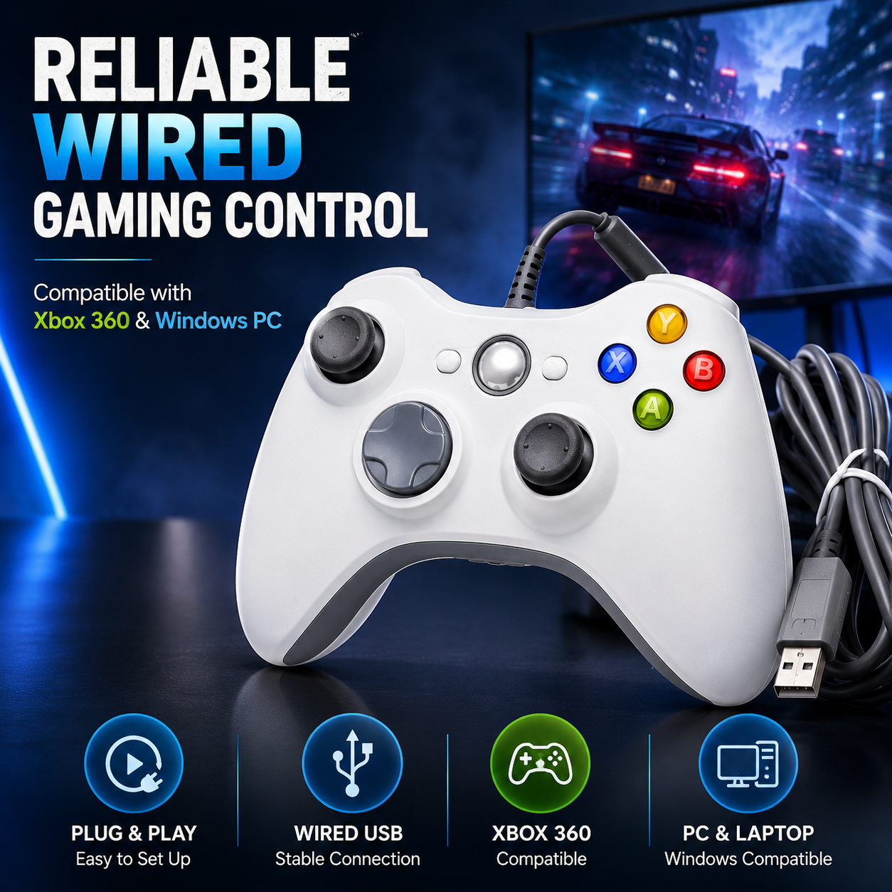 Xbox 360 WIRED CONTROLLER BRAND NEW WHITE FOR PC LAPTOP DESKTOP UK FAST POST