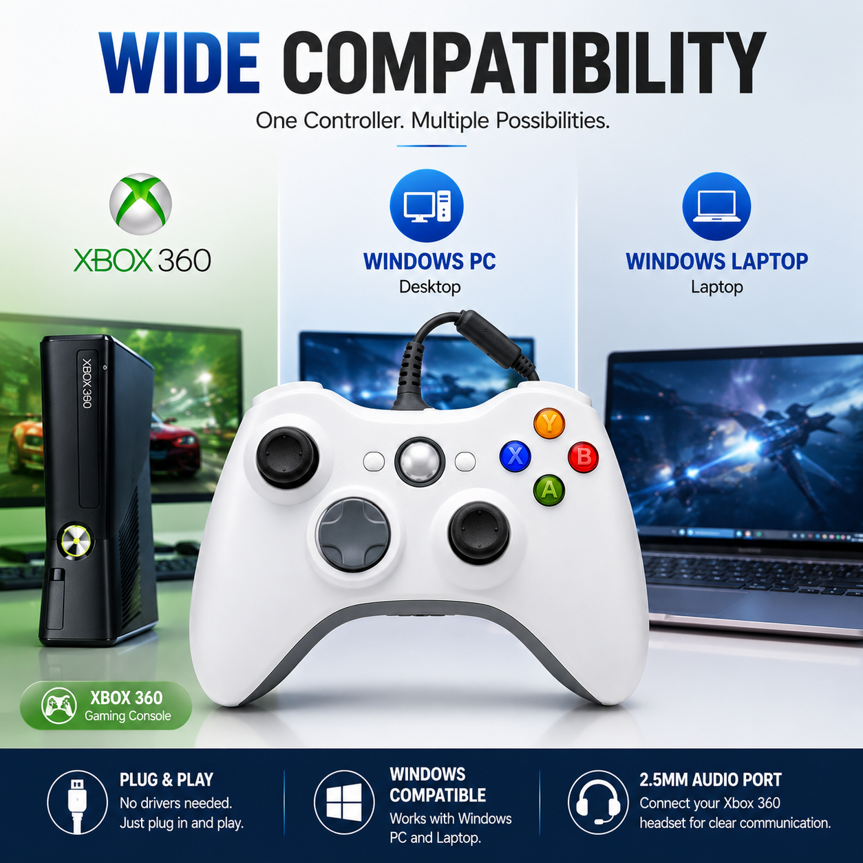 Xbox 360 WIRED CONTROLLER BRAND NEW WHITE FOR PC LAPTOP DESKTOP UK FAST POST