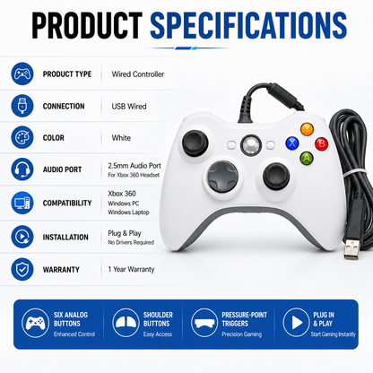Xbox 360 WIRED CONTROLLER BRAND NEW WHITE FOR PC LAPTOP DESKTOP UK FAST POST