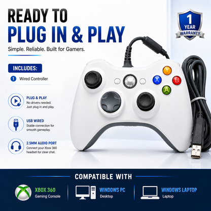 Xbox 360 WIRED CONTROLLER BRAND NEW WHITE FOR PC LAPTOP DESKTOP UK FAST POST