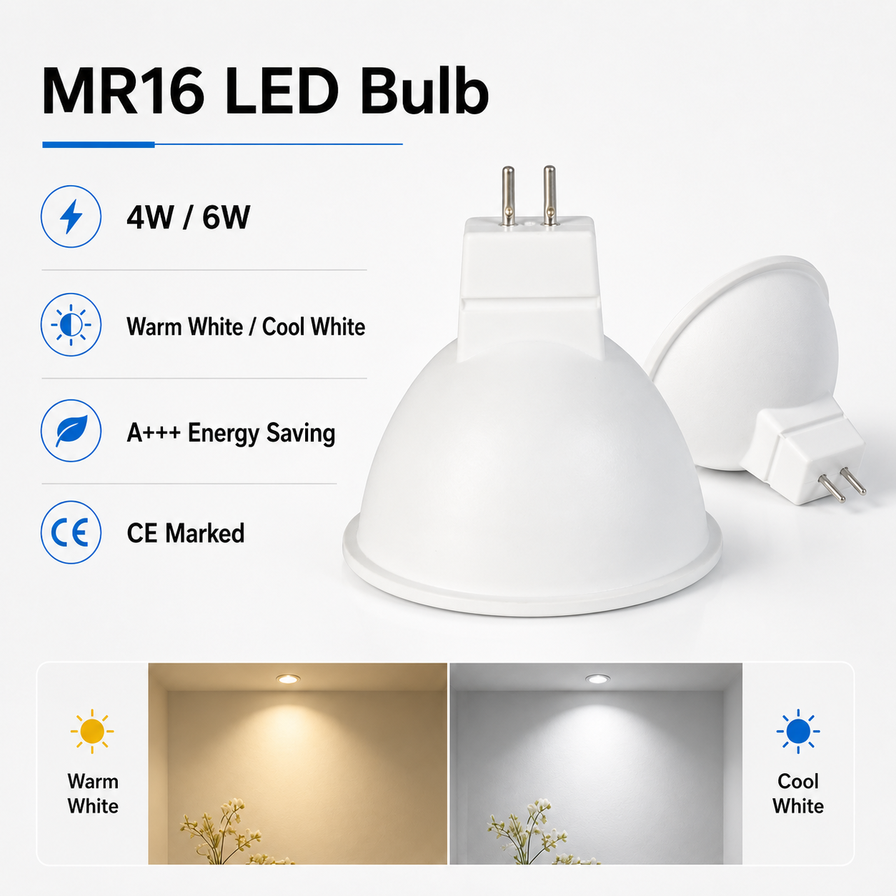 2x - 20x GU10 MR16 4W 6W WARM WHITE COOL WHITE LED ENERGY SAVING BULB LAMP CE UK