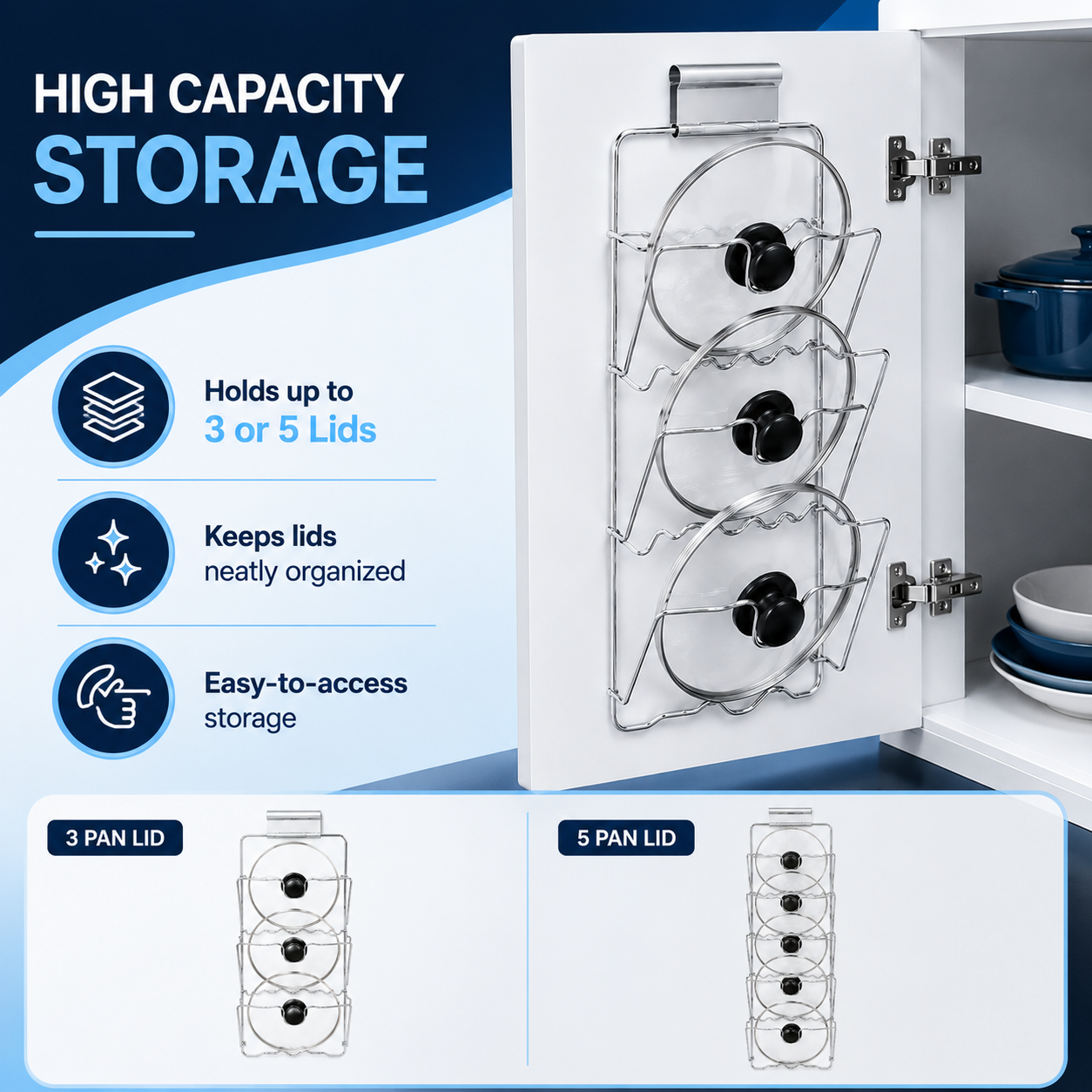 WALL DOOR CUPBOARD SAUCEPANS PAN LIDS STORAGE RACK HOLDER HOLDS 3 or 5 LIDS UK