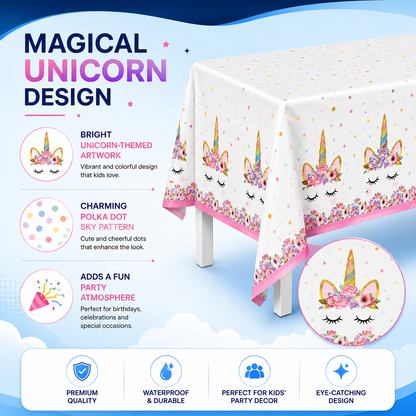 LARGE Polka Dot Sky Unicorn TableCloth Cover Children's Party Happy Birthday