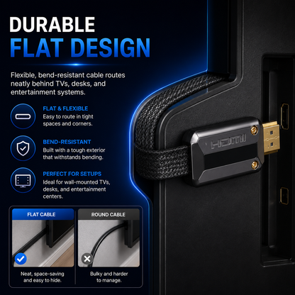 FLAT 4K HDMI CABLE 2.1 ULTRA HIGH SPEED GOLD PLATED BRAIDED LEAD 2160P 3D UHD