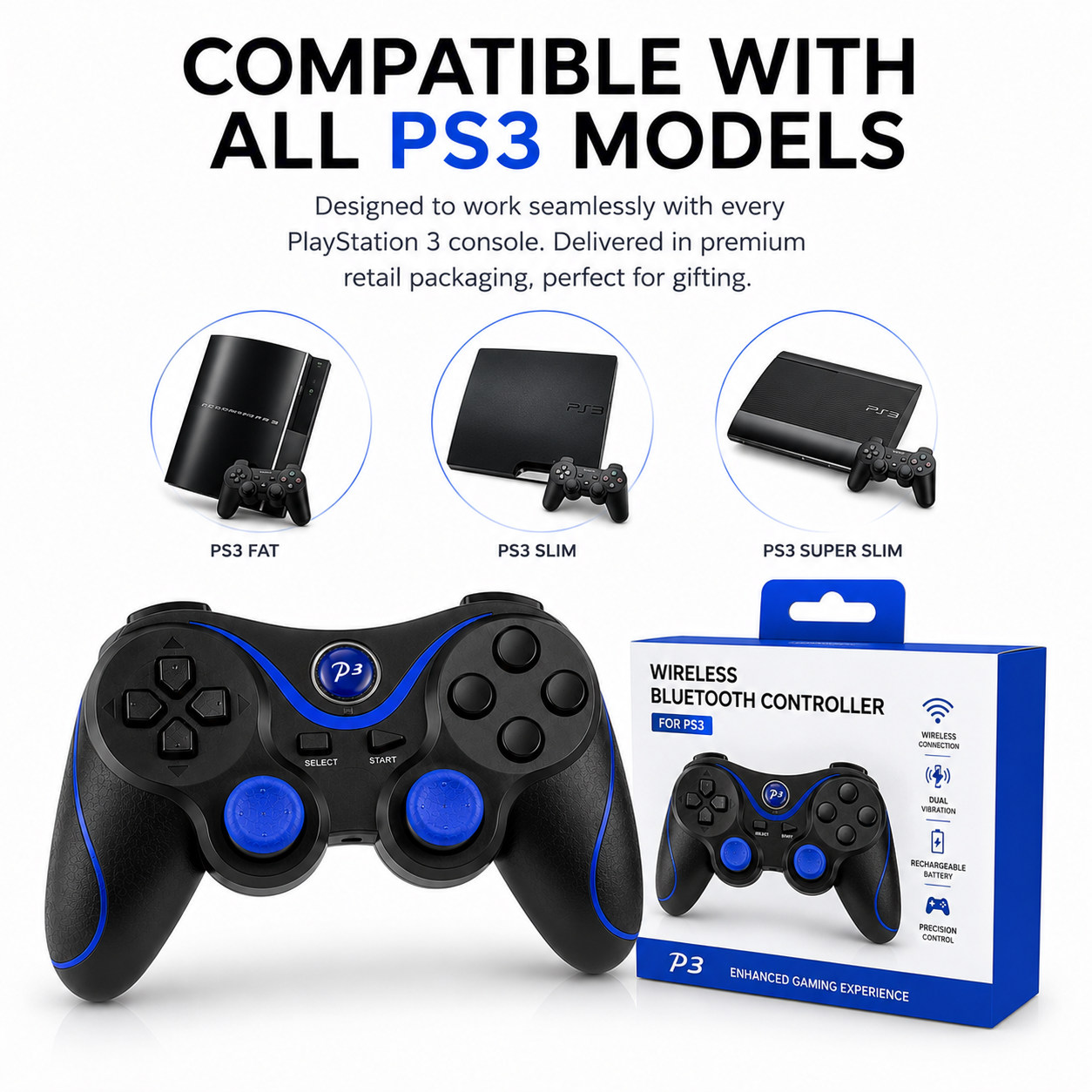 NEW RECHARGEABLE HIGH QUALITY BLUETOOTH WIRELESS GAMEPAD CONTROLLER FOR PS3 BLUE