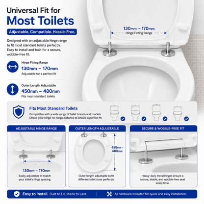 Kikzi® SOFT CLOSE TOILET SEAT LUXURY OVAL WITH METAL FIXING HINGES QUICK RELEASE