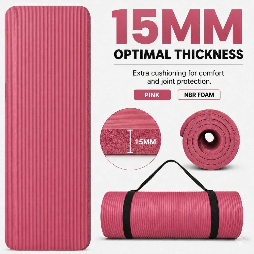 GYM MAT YOGA MAT 10MM 15MM THICK FITNESS PILATES WORKOUT GYMNASTICS + FREE STRAP