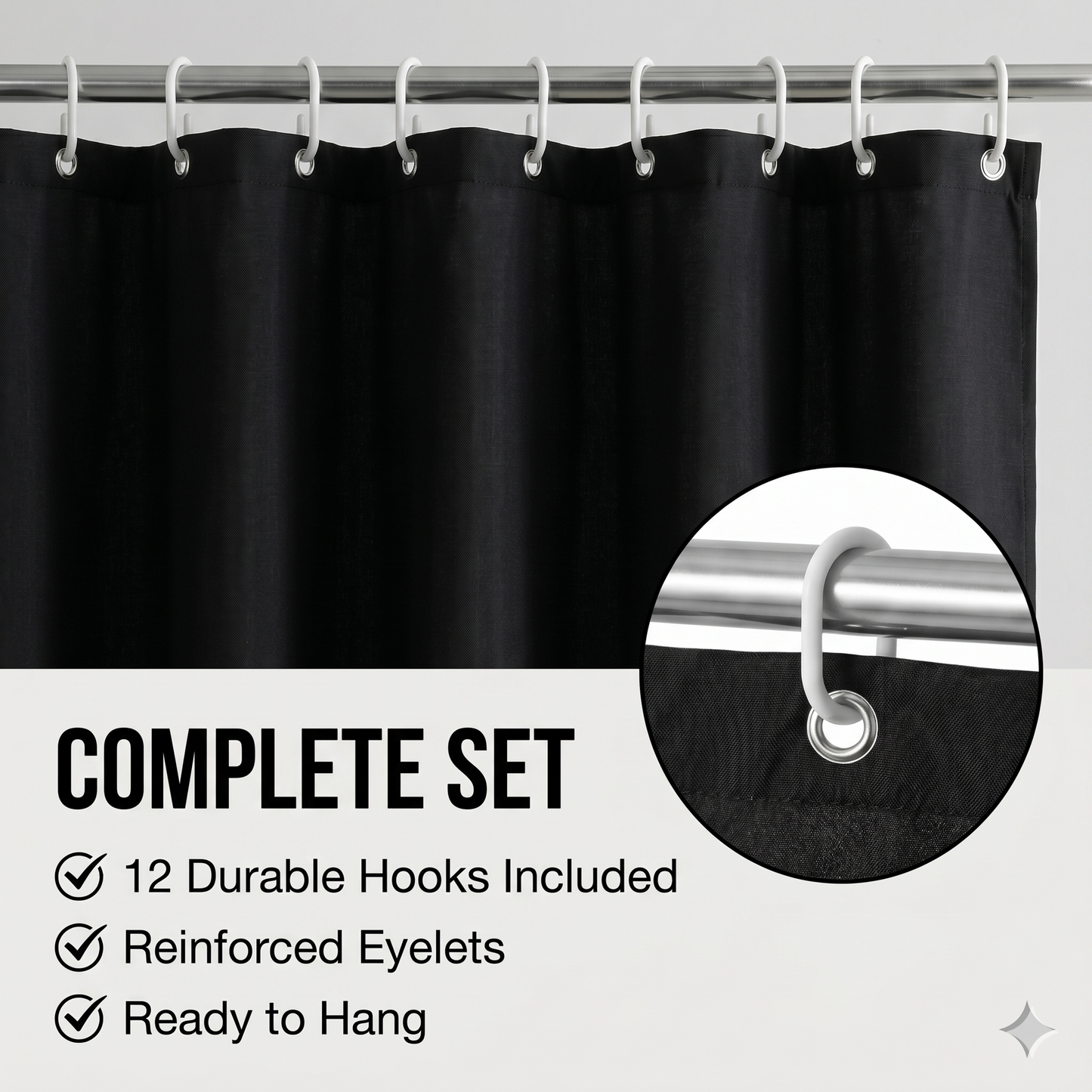 SHOWER CURTAIN 100% POLYESTER FABRIC MODERN DESIGNER WASHABLE + 12 HOOKS 180*180 (Black)