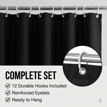 SHOWER CURTAIN 100% POLYESTER FABRIC MODERN DESIGNER WASHABLE + 12 HOOKS 180*180 (Black)