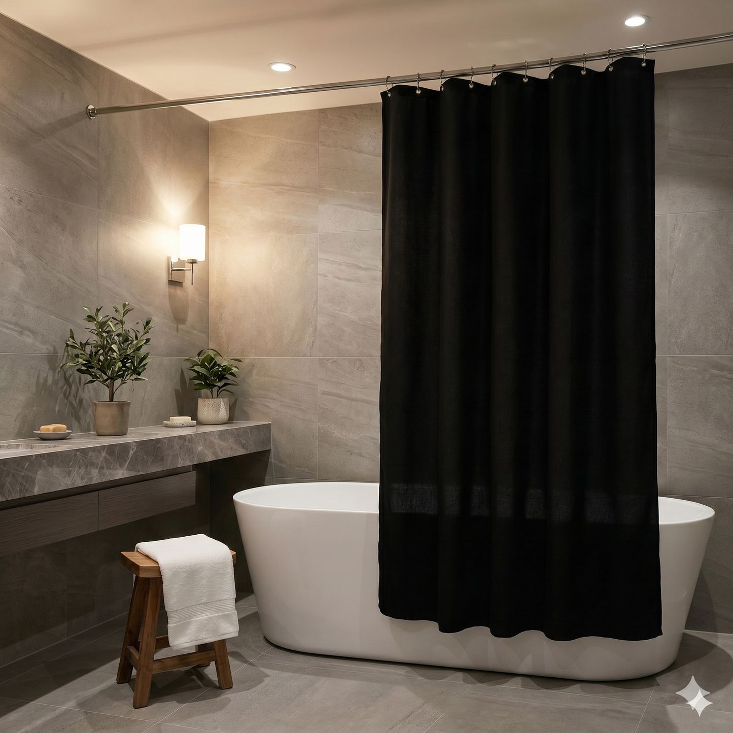 SHOWER CURTAIN 100% POLYESTER FABRIC MODERN DESIGNER WASHABLE + 12 HOOKS 180*180 (Black)