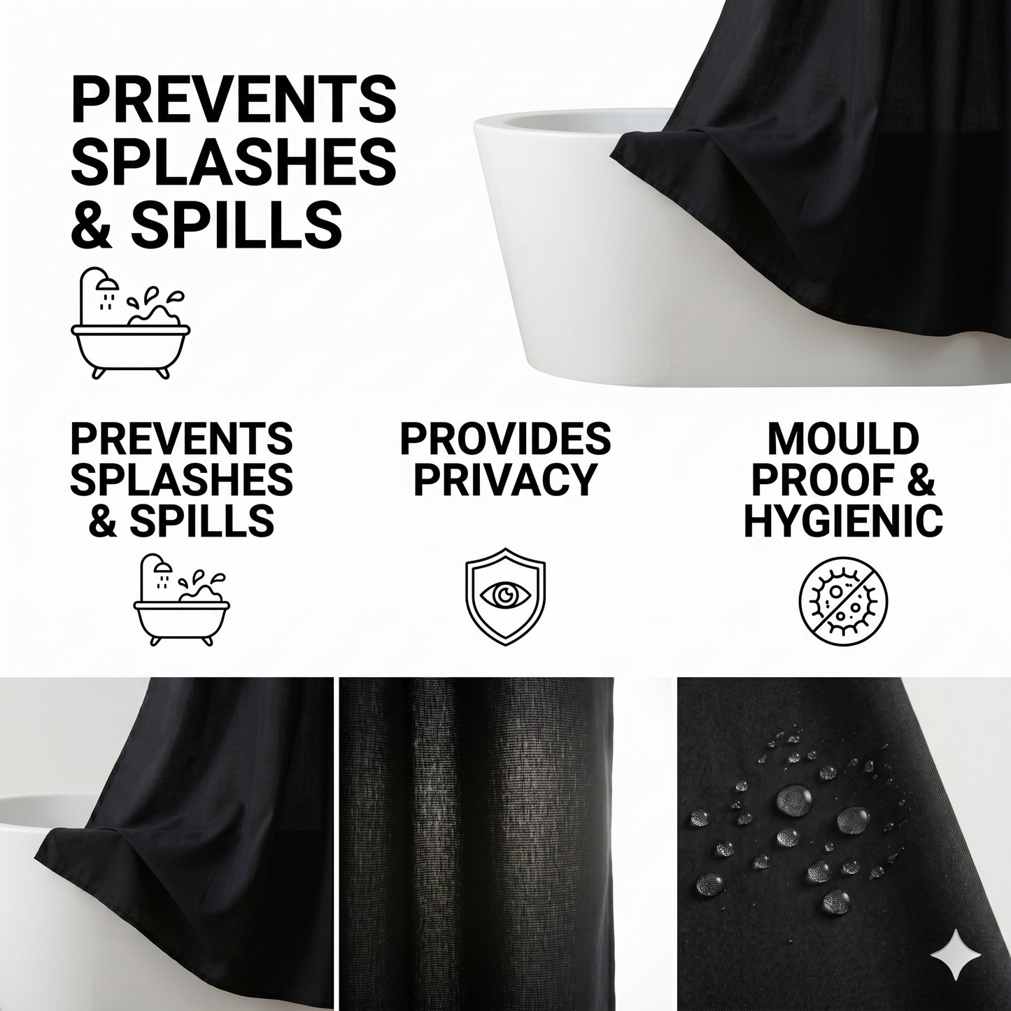 SHOWER CURTAIN 100% POLYESTER FABRIC MODERN DESIGNER WASHABLE + 12 HOOKS 180*180 (Black)