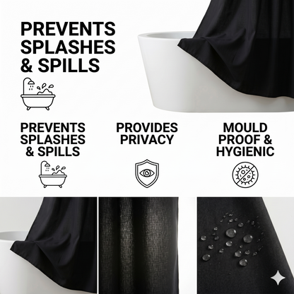 SHOWER CURTAIN 100% POLYESTER FABRIC MODERN DESIGNER WASHABLE + 12 HOOKS 180*180 (Black)