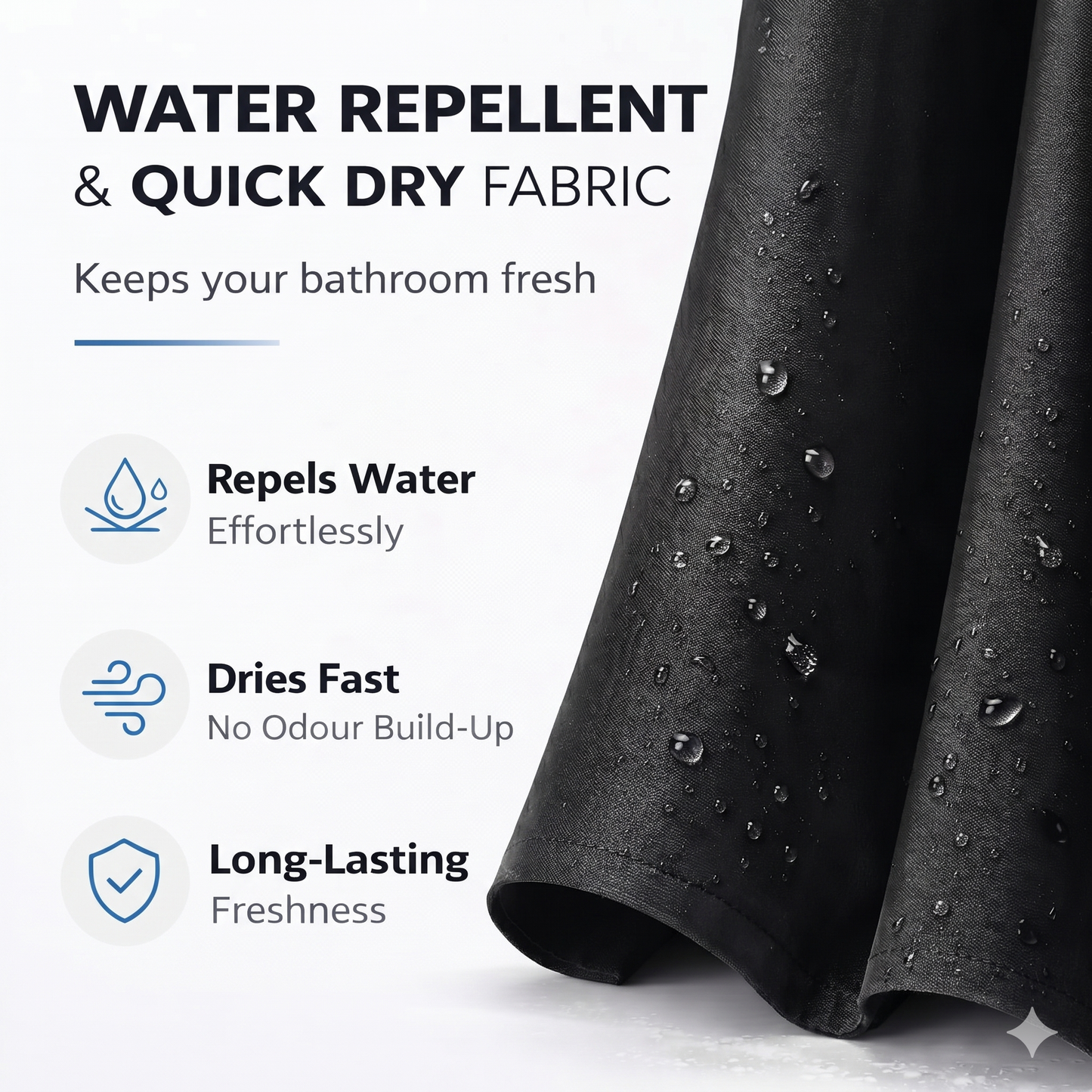 SHOWER CURTAIN 100% POLYESTER FABRIC MODERN DESIGNER WASHABLE + 12 HOOKS 180*180 (Black)