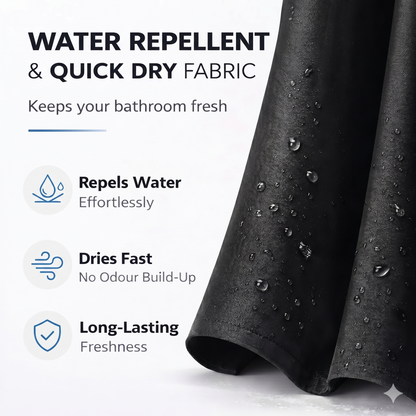 SHOWER CURTAIN 100% POLYESTER FABRIC MODERN DESIGNER WASHABLE + 12 HOOKS 180*180 (Black)