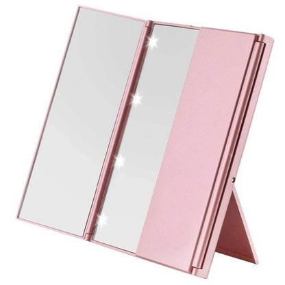 Tri Fold 8 LED Travel Mirror Cosmetic Makeup Foldable Compact Pocket with Stand