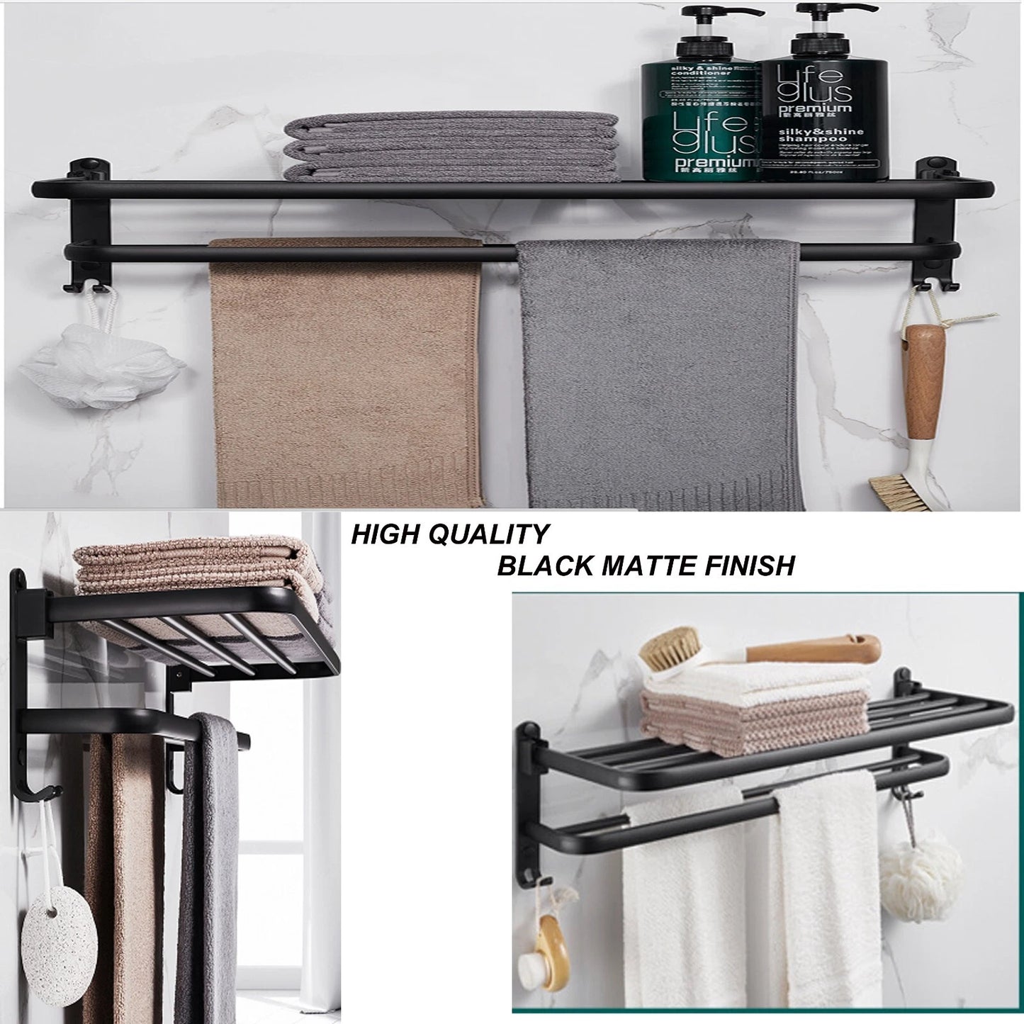 Double black Towel Rail Holder Wall Mounted Bathroom Rack Shelf Stainless Steel