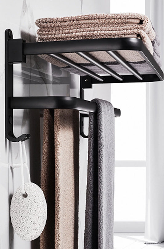 Double black Towel Rail Holder Wall Mounted Bathroom Rack Shelf Stainless Steel