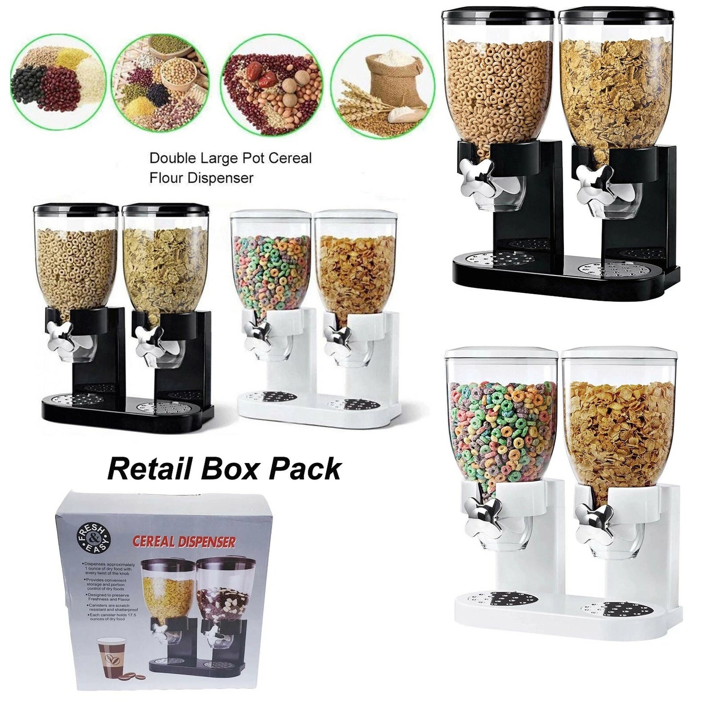 DOUBLE CEREAL DISPENSER DRY FOOD PASTA FLOUR RICE STORAGE CONTAINER MACHINE UK