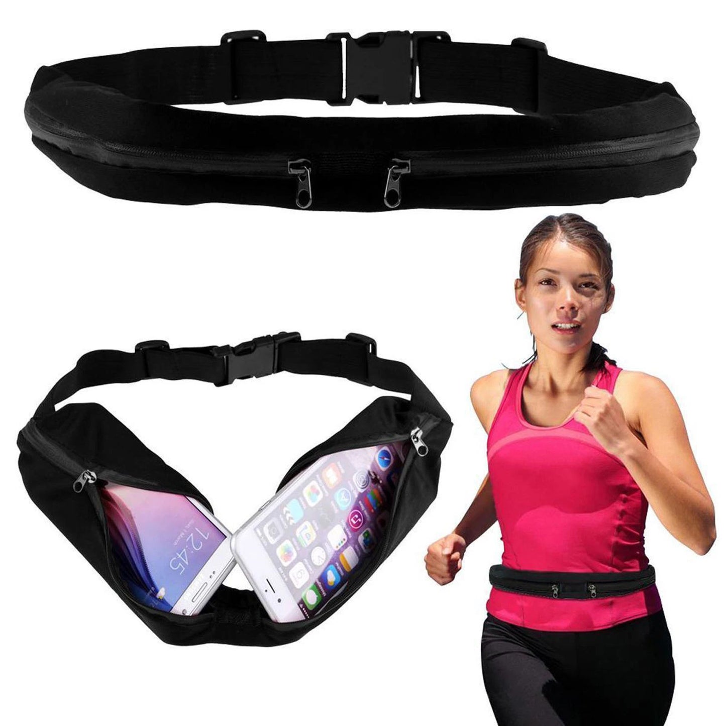 DUAL POCKET RUNNING RUNNER WAIST BELT BAG PACK POUCH BUM SPORT JOGGING GYM YOGA