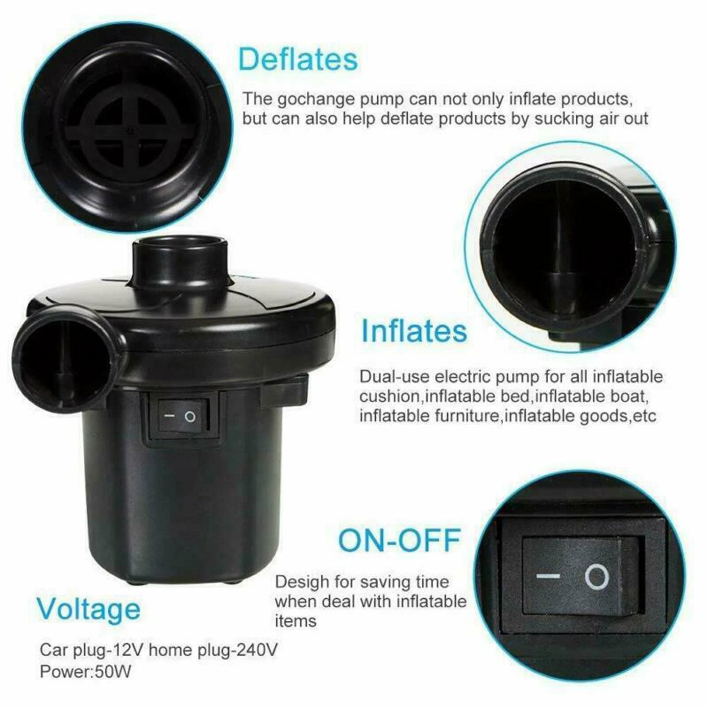 Electric Air Pump  2 in 1  Inflator Pool Camping Bed Mattress Boat 12V 240V Car