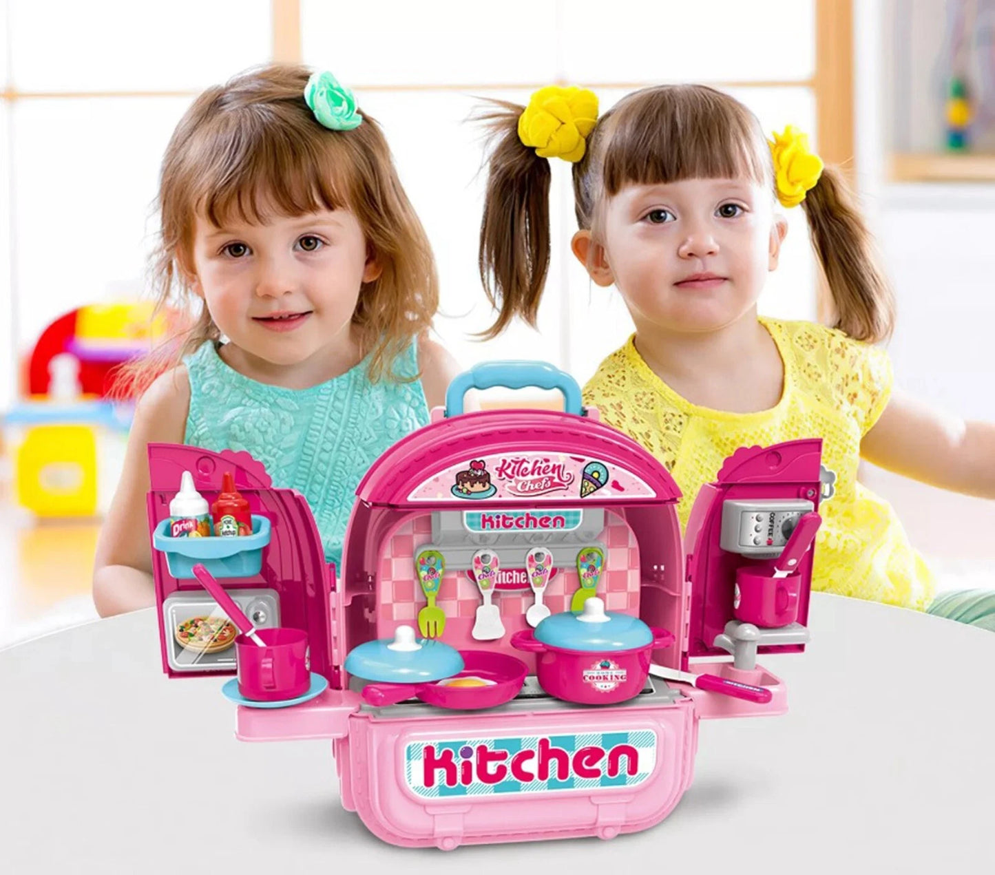 Kitchen set Doll house Portable backpack Pretend Play Food + Accessories 3 in 1