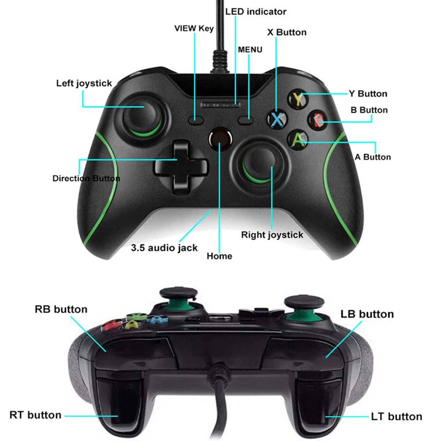 USB WIRED CONTROLLER GAMEPAD FOR MICROSOFT XBOX 360 PC WINDOWS BLACK BRAND NEW